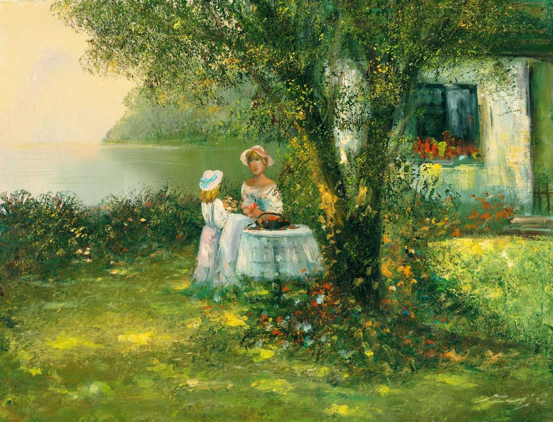 Rahnavardkar Madjid (Germany,Iran,1943-?) oil painting: ARTIST: Rahnavardkar Madjid (German, Iranian, 1943 - ???) TITLE: Mother and Daughther in the Garden MEDIUM: oil on canvas CONDITION: Unstretched (In-House stretching avail