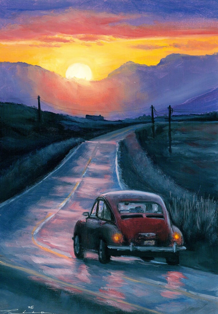 Oleksandr Pukhno (Ukraine,20/21C) acrylic painting: ARTIST: Oleksandr Pukhno (Ukrainian, 20/21 centuries) TITLE: Sunset Country Road Landscape with Car MEDIUM: acrylic on heavy paper CONDITION: Very good. ART SIZE: