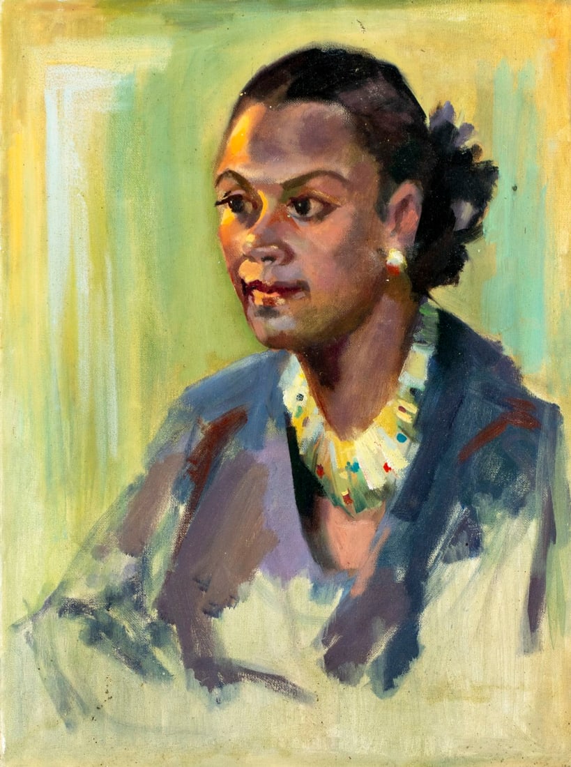 John Reilly (NY,NJ,1942-2021) oil painting: ARTIST: John Reilly (New York, New Jersey, 1942 - 2021) TITLE: Portrait of Woman MEDIUM: oil on canvas CONDITION: Two patches. Some small paint losses mostly along edges.