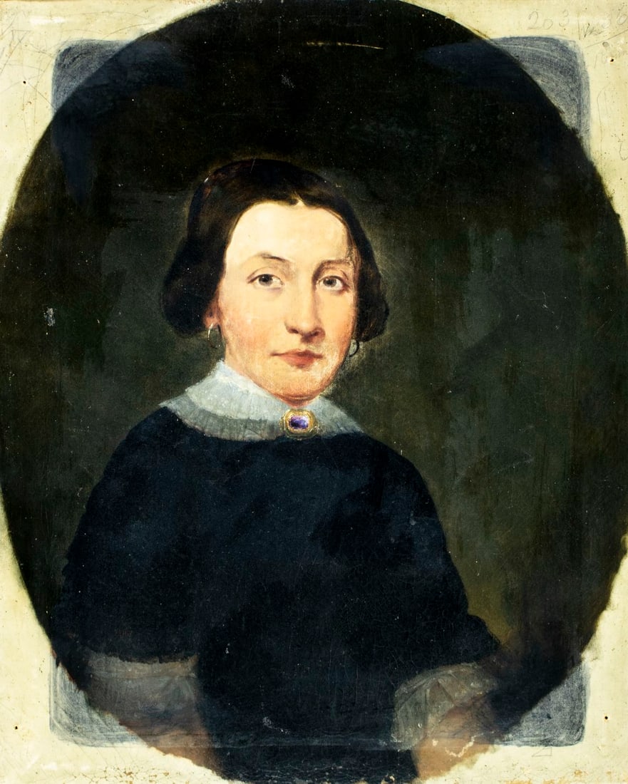 Antique 19C American oil painting: ARTIST: - (American, 19 century) TITLE: Portrait of Woman MEDIUM: oil on canvas CONDITION: One small patch. Few nail holes along edges. Some scratches/paint losses mostly