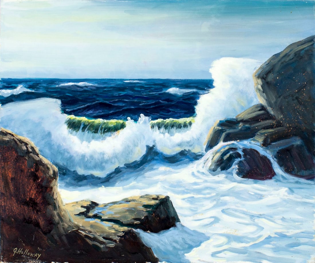 George Holloway (NJ,20C) oil painting: ARTIST: George Holloway (New Jersey, 20 century) NAME: Seascape MEDIUM: oil on canvas CONDITION: Some brown spots mostly along right edge. No visible inpaint under UV light. SIGHT SIZE: