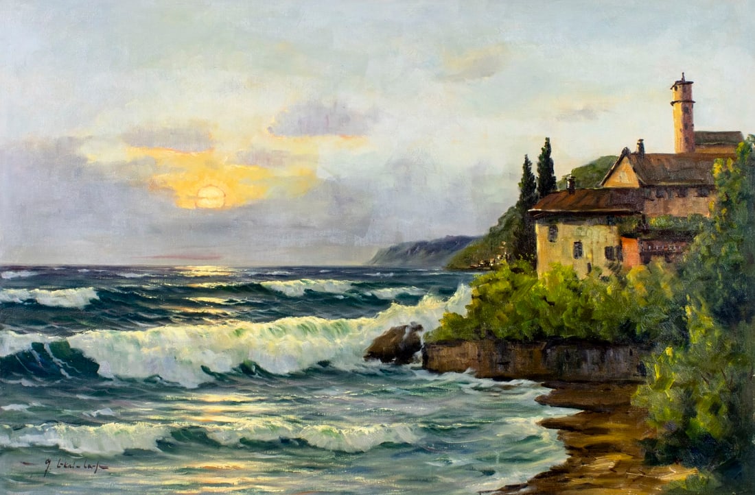 Gerhard Lukas Larsen (German,1911-1965) oil painting: ARTIST: Gerhard Lukas Larsen (Germany, 1911 - 1965) TITLE: Sunset Coastal Landscape with Mansion MEDIUM: oil on canvas CONDITION: Unstretched (In-House stretching availabl
