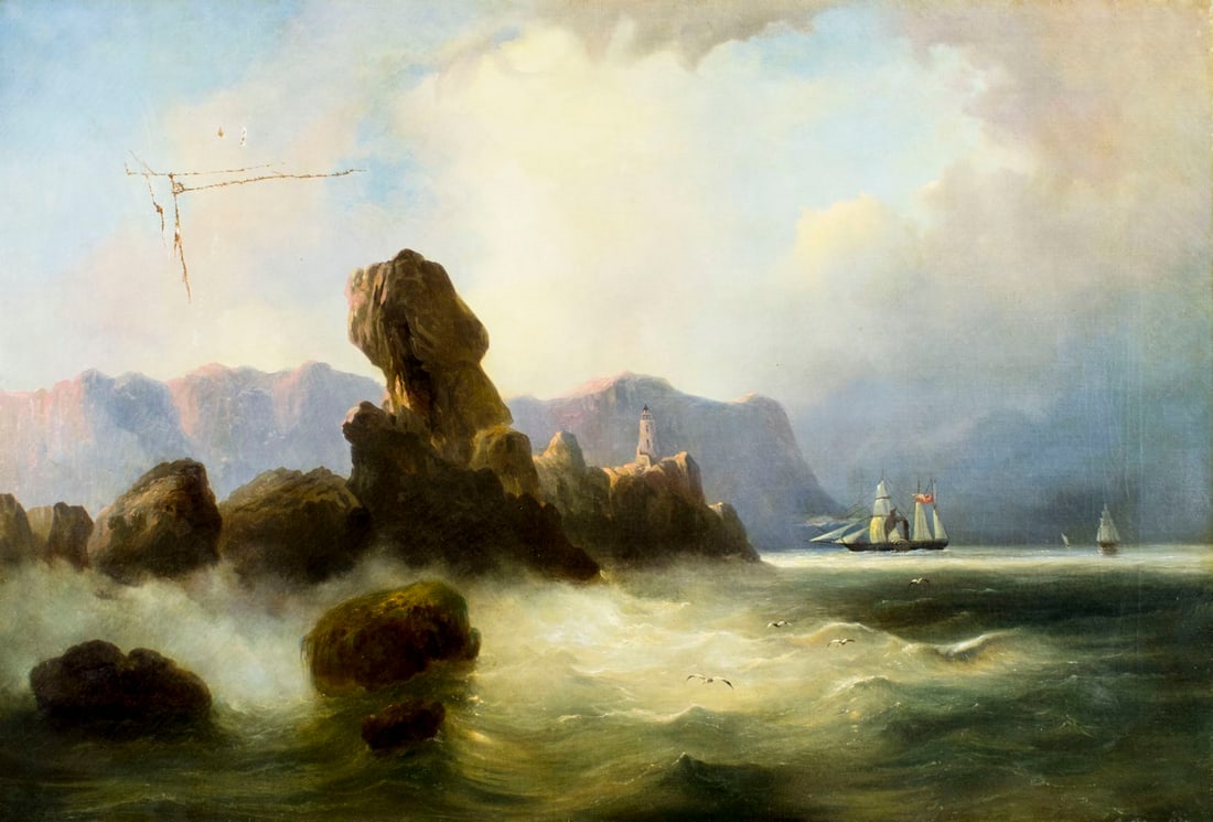 Antique 19C American oil painting: ARTIST: - (American, 19 century) TITLE: Sunset Seascape MEDIUM: oil on canvas CONDITION: Some patch repaired tears with corresponding paint losses. Some craquelure. No vis