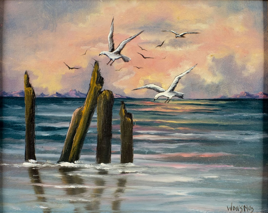 Minnie Wonsmos (MN,OR,NE,1901-1974) oil painting: ARTIST: Minnie Wonsmos (Minnesota, Oregon, Nebraska, 1901 - 1974) TITLE: Sunset Seascape with Gulls MEDIUM: oil on board CONDITION: Very good. No visible inpaint under UV