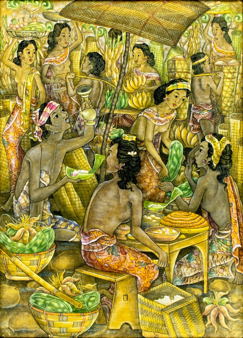 I Made Sukada (Indonesia,1945-1982) batik painting: ARTIST: I Made Sukada (Indonesian, 1945 - 1982) TITLE: Balinese Market Scene, Indonesia MEDIUM: batik CONDITION: Some scratches. Wear to frame. ART SIZE: