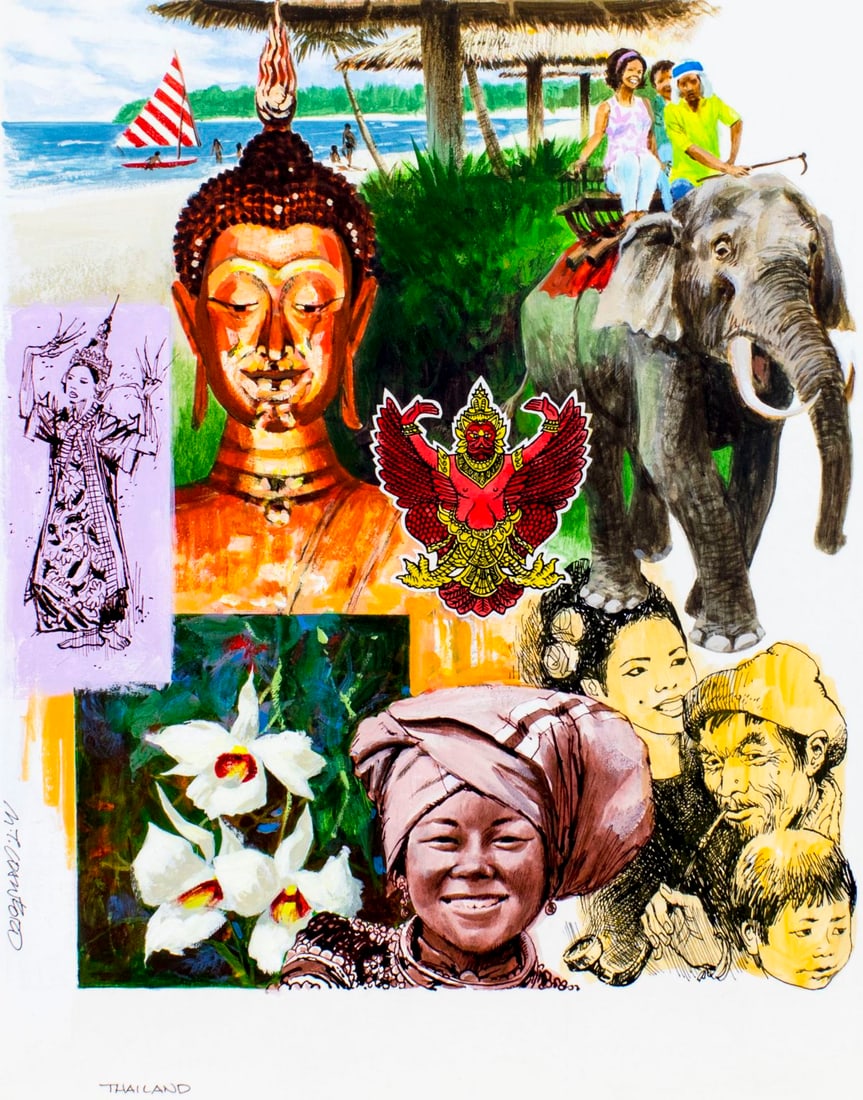 Mel Crawford (CT,Canada,1925-2015) mixed media painting: ARTIST: Mel Crawford (Canadian, Connecticut, 1925 - 2015) NAME: Thailand YEAR: 1981 MEDIUM: mixed media on board CONDITION: Excellent. SIGHT SIZE: 14 x 12 inches / 35