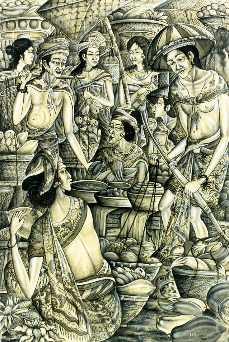 Sepdi (Indonesia,20C) batik painting: ARTIST: Sepdi (Indonesian, 20 century) TITLE: Balinese Market Scene, Indonesia MEDIUM: batik CONDITION: Some scratches mostly along edges. Normal wear to edges. A