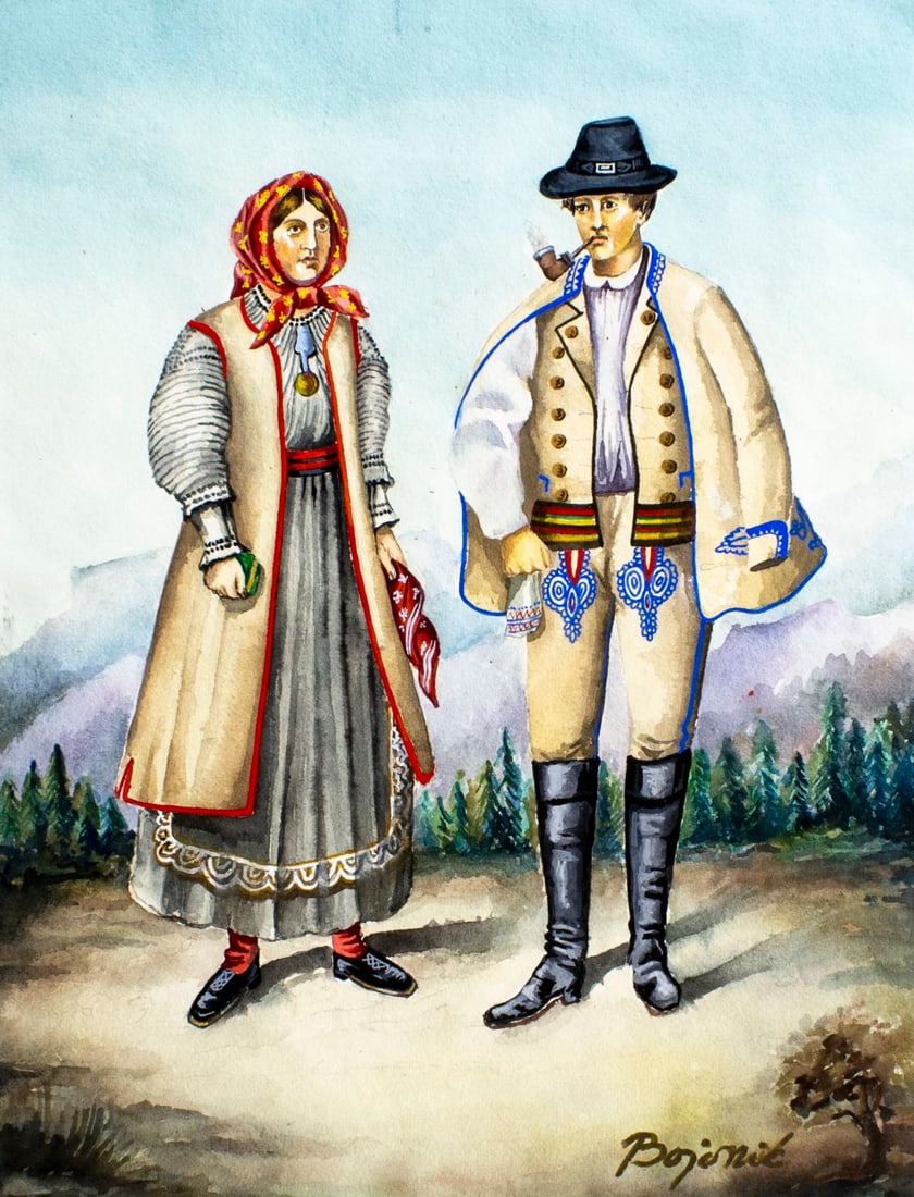 Radomir Bojanic (Yugoslavia,20C) watercolor painting: ARTIST: Radomir Bojanic (Yugoslavian, 20 century) TITLE: National Costumes of Yugoslavia 6 (titled on verso) YEAR: 1986 MEDIUM: watercolor on heavy paper CONDITIO