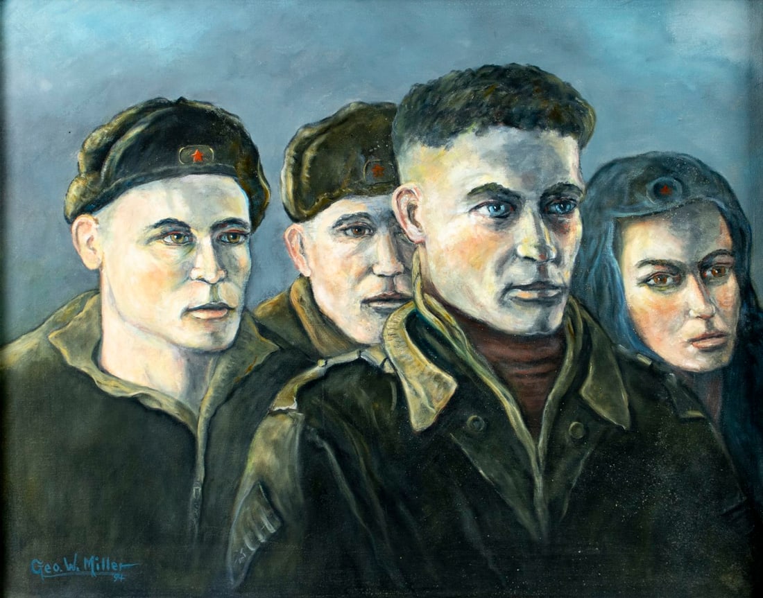 George W Miller (NJ,CA,1919-1997) oil painting: ARTIST: George W Miller (New Jersey, California, 1919 - 1997) TITLE: Russians (titled on label) YEAR: 1994 MEDIUM: oil on canvas board CONDITION: Missi