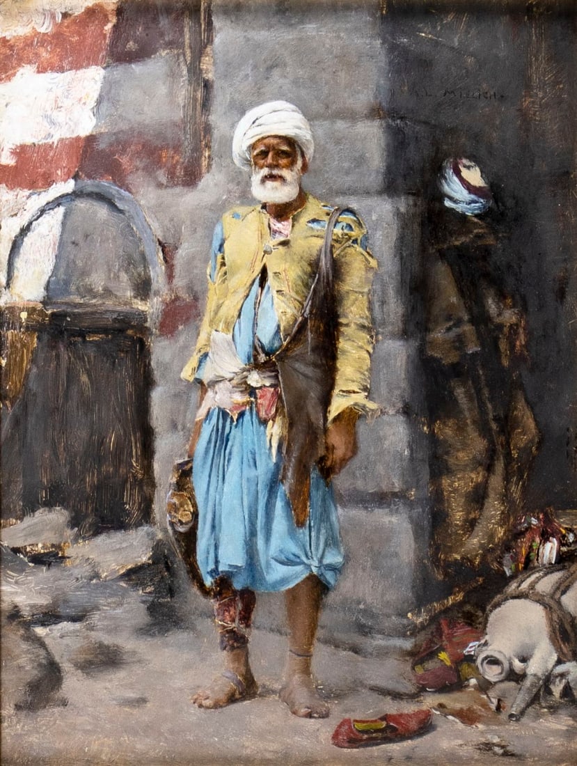 Alfons Leopold Mielich (Austria,1863-1929) oil painting antique: ARTIST: Alfons Leopold Mielich (Austrian, 1863 - 1929) TITLE: Oriental Trader MEDIUM: oil on board CONDITION: Few minor paint losses. No visible inpaint under UV light. W