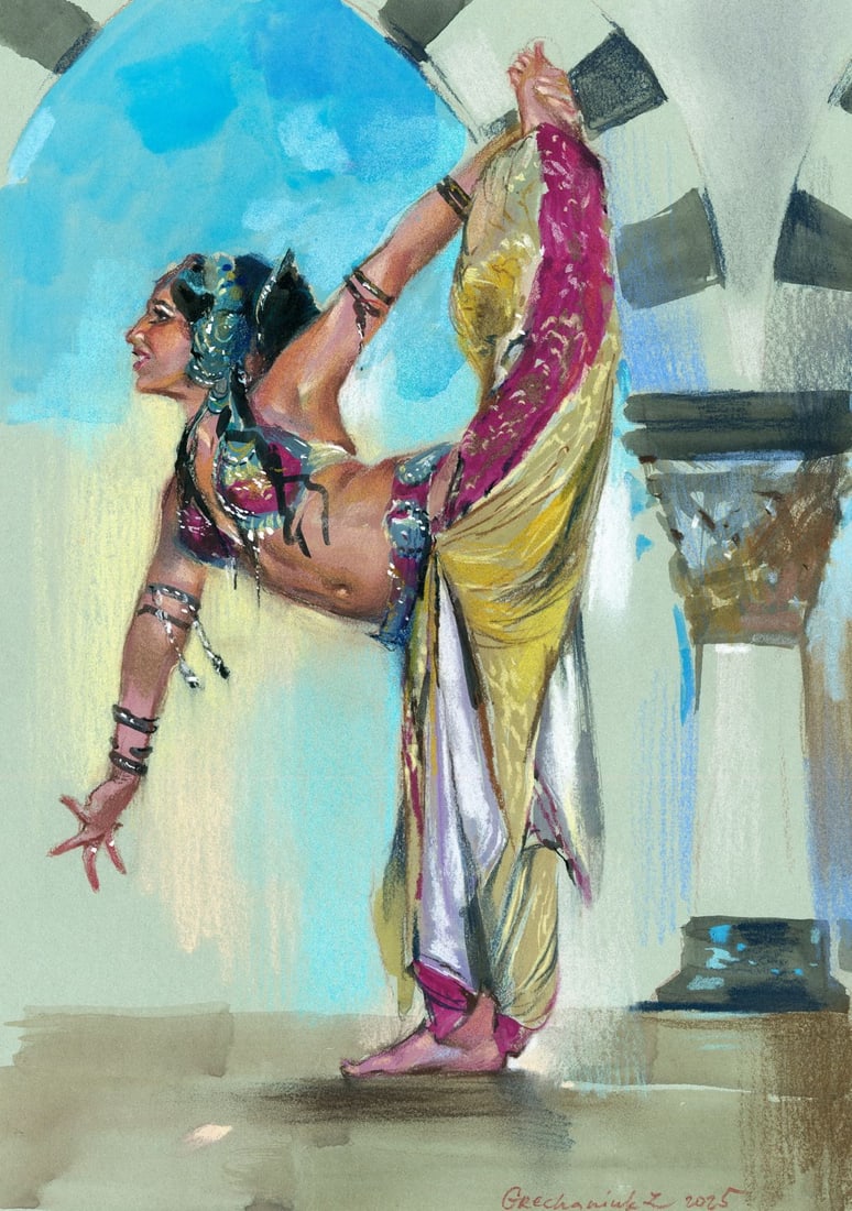 Zoya Grechanyuk (Ukraine,b 1977) pastel painting: ARTIST: Zoya Grechanyuk (Ukrainian, born 1977) TITLE: Oriental Dancer MEDIUM: pastel on heavy paper CONDITION: Very good. ART SIZE: 12 x 8 inches / 30 x