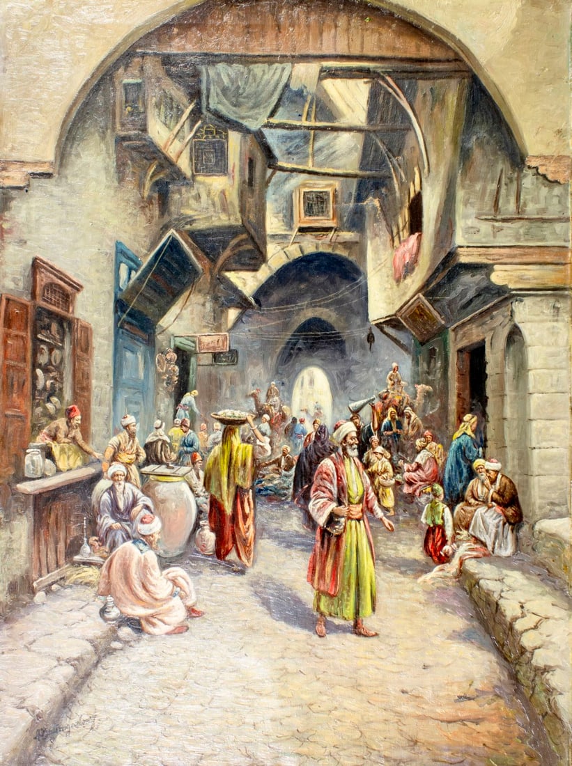 August Baumgartner (German,1896-1960) oil painting: ARTIST: August Baumgartner (Germany, 1896 - 1960) TITLE: Middle Eastren Market Scene MEDIUM: oil on canvas CONDITION: Few patches. Some paint losses. Few scattered small