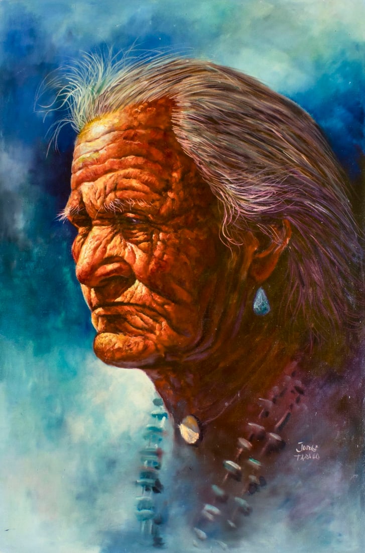 Jorge Tarallo (CA,Uruguay,b 1951) oil painting: ARTIST: Jorge Braun Andres Tarallo (California, Uruguay, born 1951) NAME: Portrait of Indian Man MEDIUM: oil on canvas CONDITION: Very good. Restretched. No visible inpaint under UV light.