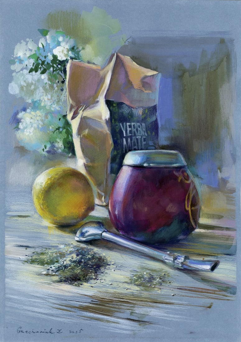 Zoya Grechanyuk (Ukraine,b 1977) pastel painting: ARTIST: Zoya Grechanyuk (Ukrainian, born 1977) TITLE: Tabletop Still Life MEDIUM: pastel on heavy paper CONDITION: Very good. ART SIZE: 17 x 12 inches /