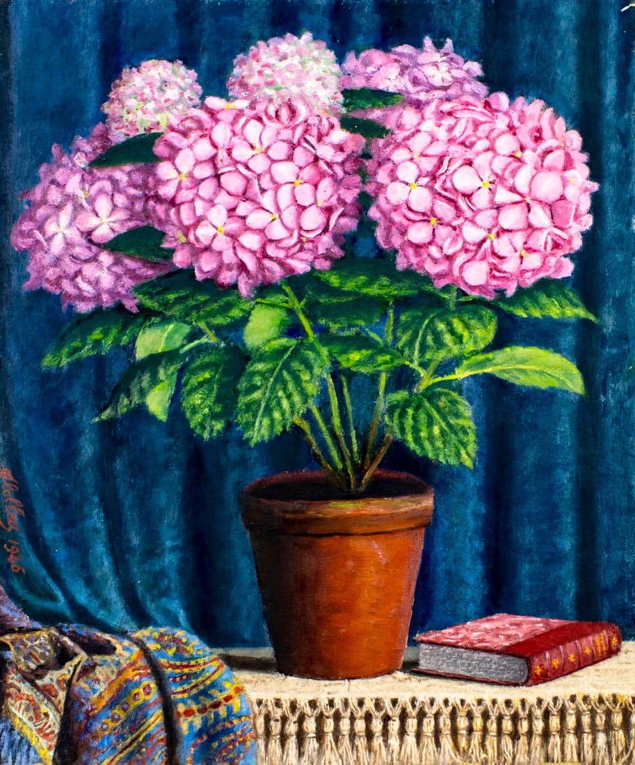 Aime Colleu (France,mid 20C) oil painting: ARTIST: Aime Colleu (French, mid 20 century) TITLE: Still Life with Flowers YEAR: 1946 MEDIUM: oil on canvas CONDITION: Few small paint losses. No visibl