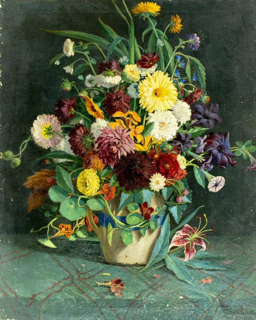Francois De Blois (MA,Canada,1829-1913) oil painting antique: ARTIST: Francois B De Blois (Massachusetts, Canadian, 1829 - 1913) TITLE: Still Life with Vase of Flowers YEAR: 1901 MEDIUM: oil on canvas CONDITION: F