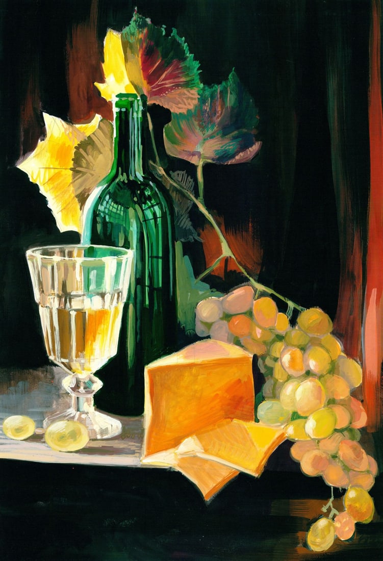 Halyna Yeromenko Afana (Ukraine,20/21C) acrylic painting: ARTIST: Halyna Yeromenko Afana (Ukrainian, 20/21 centuries) TITLE: Still Life with Cheese and Wine MEDIUM: acrylic on heavy paper CONDITION: Very good. ART SIZE:<