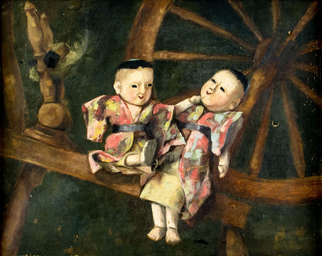 Antique early 20C American oil painting: ARTIST: - (American, early 20 century) TITLE: Still Life with Japanese Dolls MEDIUM: oil on canvas CONDITION: One nail hole by the right edge. Five small patches. Some sma