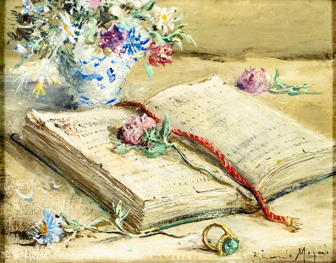 Riccardo Magni (US,Italy,1886-1964) oil painting: ARTIST: Riccardo Magni (American, Italian, 1886 - 1964) TITLE: Still Life with Book and Flowers MEDIUM: oil on canvas. Canvas applied to board. CONDITION: Few minor scratc