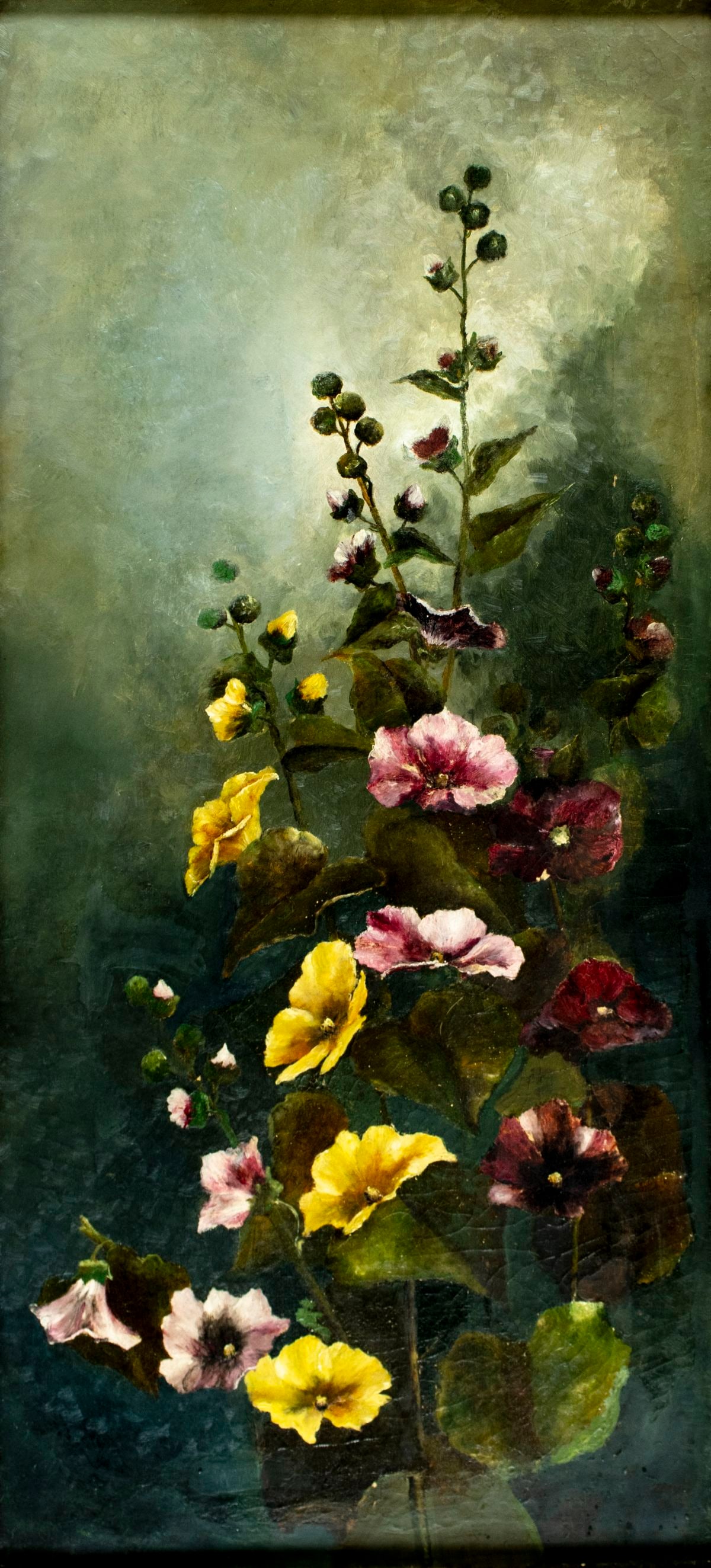 Antique 19C American oil painting: ARTIST: - (American, 19 century) TITLE: Still Life with Flowers MEDIUM: oil on canvas CONDITION: Relined. Some paint losses. Some craquelure. Some scattered inpaintings. W