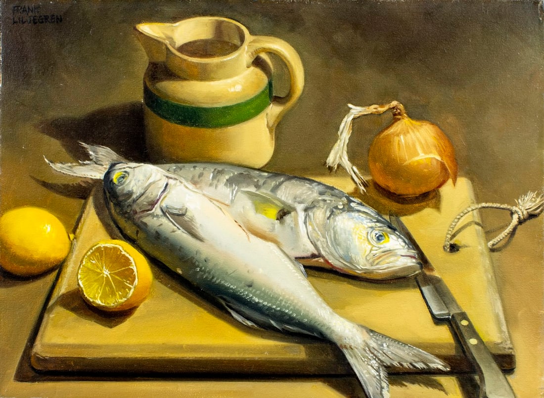 Frank Liljegren (NY,1930-2023) oil painting: ARTIST: Frank Liljegren (New York, 1930 - 2023) TITLE: Still Life with Fish (titled on label) YEAR: 1965 MEDIUM: oil on canvas CONDITION: Few minor pai
