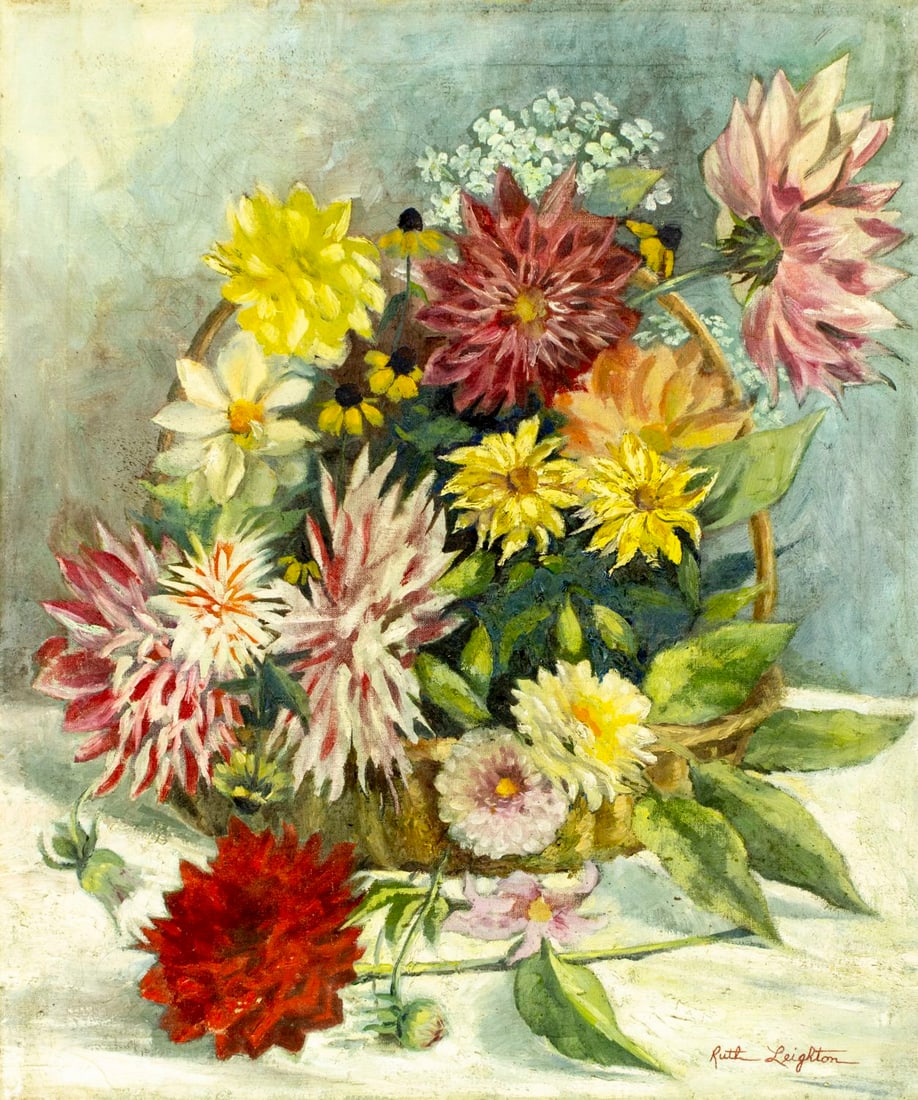 Ruth Leighton (US,mid 20C) oil painting: ARTIST: Ruth Leighton (American, mid 20 century) TITLE: Still Life with Flower Basket MEDIUM: oil on canvas CONDITION: Few small paint losses. Some craquelure. Normal wear t