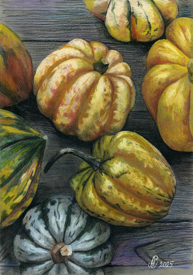 Julia Abramova (Ukraine,20/21C) pastel painting: ARTIST: Julia Abramova (Ukrainian, 20/21 centuries) TITLE: Still Life with Pumpkins MEDIUM: pastel on heavy paper CONDITION: Very good. ART SIZE: 17 x 12