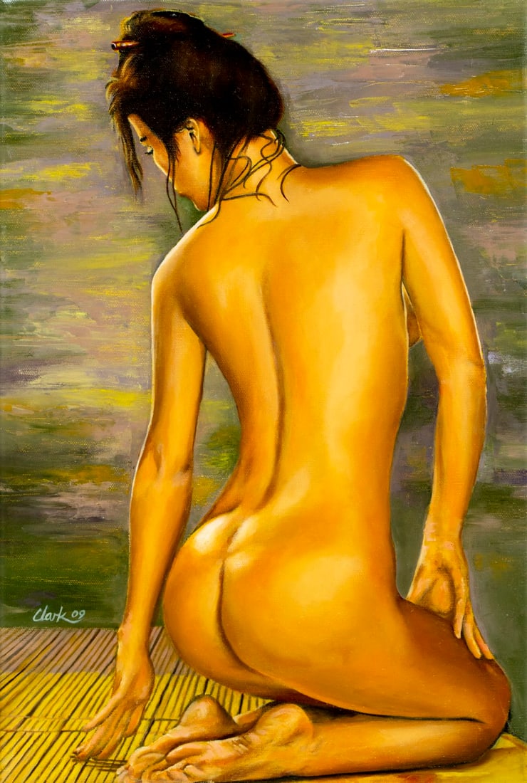 David Clark (US,20/21C) oil painting: ARTIST: David Clark (American, 20/21 centuries) TITLE: Nude - Oriental Calm YEAR: 2009 MEDIUM: oil on canvas CONDITION: Very good. No visible inpaint und