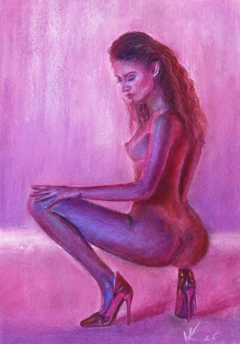 Ksenia Vasilchenko (Ukraine,b 1996) pastel painting: ARTIST: Ksenia Vasilchenko (Ukrainian, born 1996) TITLE: Nude on Heels MEDIUM: pastel on heavy paper CONDITION: Very good. ART SIZE: 12 x 8 inches / 30 x