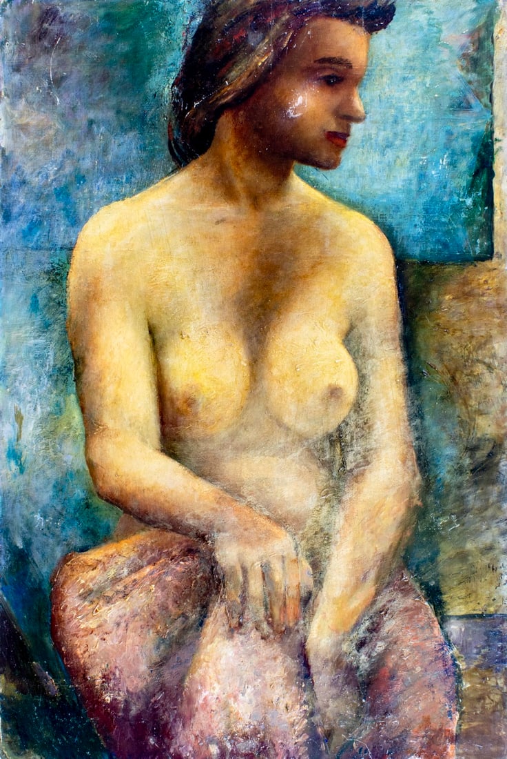 Vivienne Boysen (TX,mid 20C) oil painting: ARTIST: Vivienne Boysen (Texas, mid 20 century) TITLE: Seated Nude MEDIUM: oil on board CONDITION: Some damages to edges and corners. Some scratches/paint losses. Some scatt