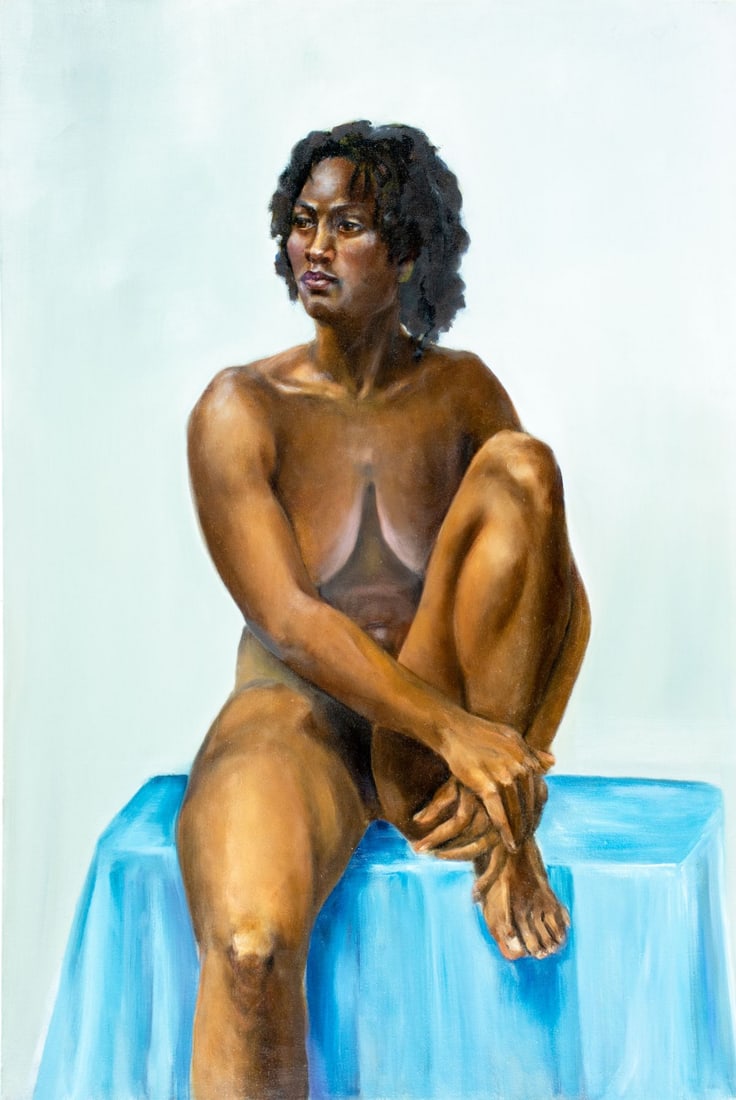 Penny Purpura (US,20C) oil painting: ARTIST: Penny Purpura (American, 20 century) TITLE: Seated Nude MEDIUM: oil on canvas CONDITION: Very good. No visible inpaint under UV light. ART SIZE: