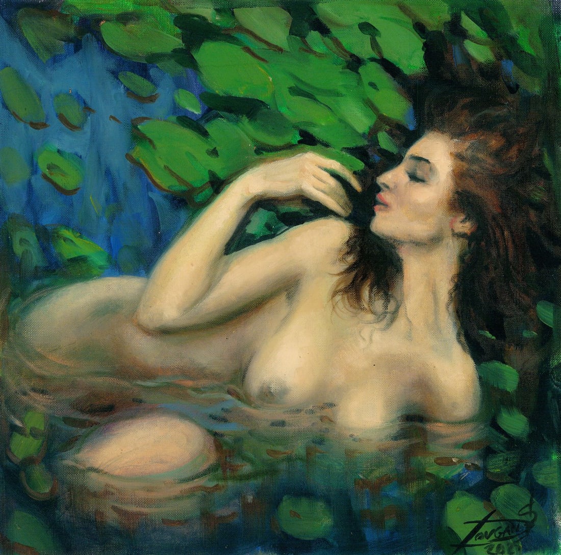 Sergey Dovgan (Ukraine,b 1976) oil painting: ARTIST: Sergey Dovgan (Ukrainian, born 1976) TITLE: Bathing Nude MEDIUM: oil on heavy paper CONDITION: Few minor paint losses. No visible inpaint under UV light.