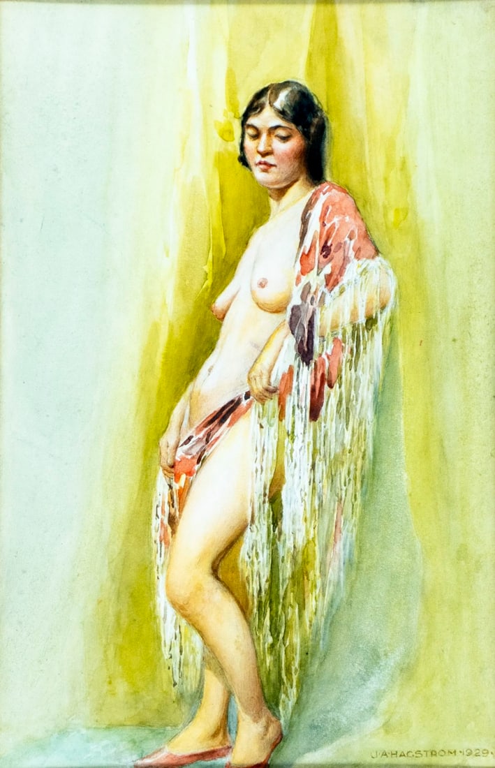 J A Hagstrom (Sweden,early 20C) watercolor painting antique: ARTIST: J A Hagstrom (Swedish, early 20 century) TITLE: Nude YEAR: 1929 MEDIUM: watercolor on paper CONDITION: Some age toning. Few scratches. Framed und