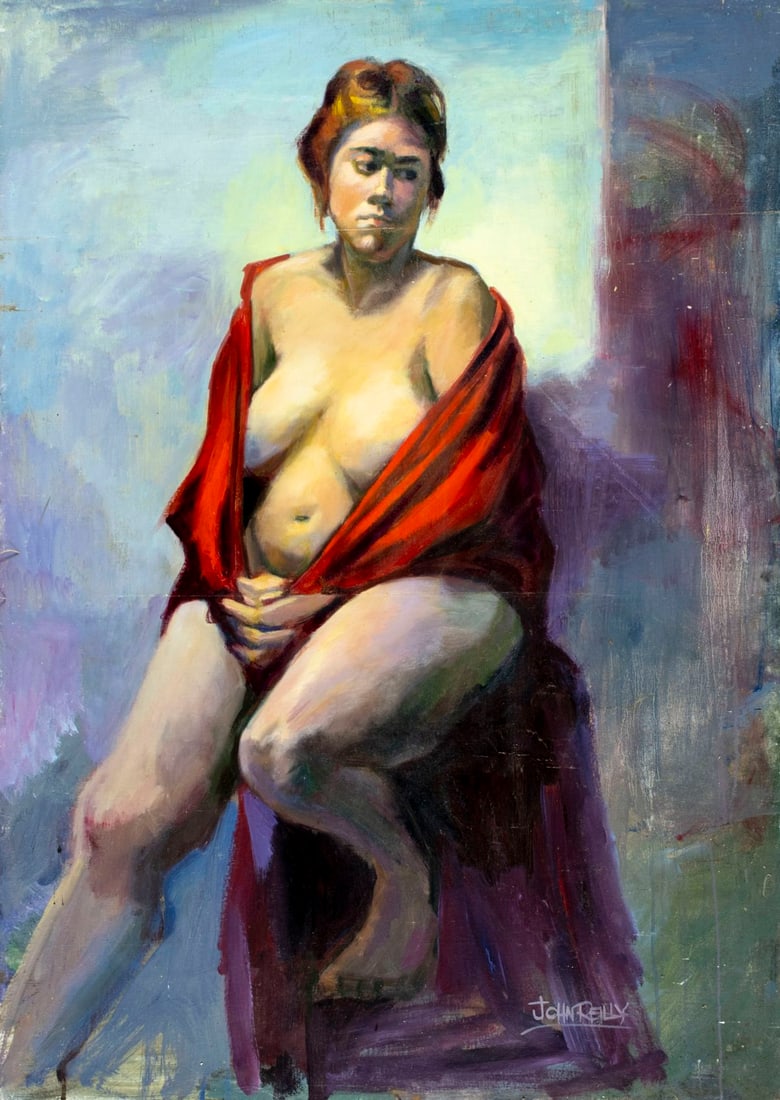 John Reilly (NY,NJ,1942-2021) oil painting: ARTIST: John Reilly (New York, New Jersey, 1942 - 2021) TITLE: Seated Semi Nude MEDIUM: oil on board CONDITION: Minor damages to corners. Some scratches/paint losses. No v
