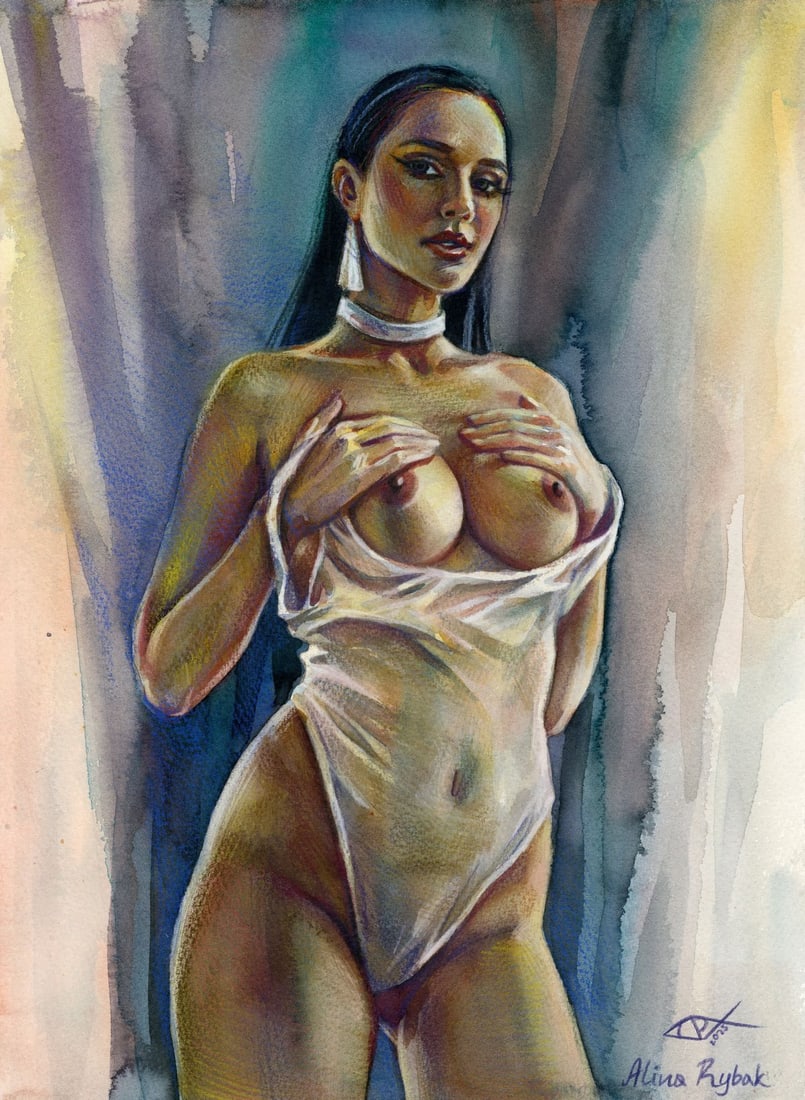 Alina Rybak (Ukraine,b 1996) watercolor painting: ARTIST: Alina Rybak (Ukrainian, born 1996) TITLE: Nude MEDIUM: watercolor on heavy paper CONDITION: Very good. ART SIZE: 16 x 12 inches / 40 x 30 cm <