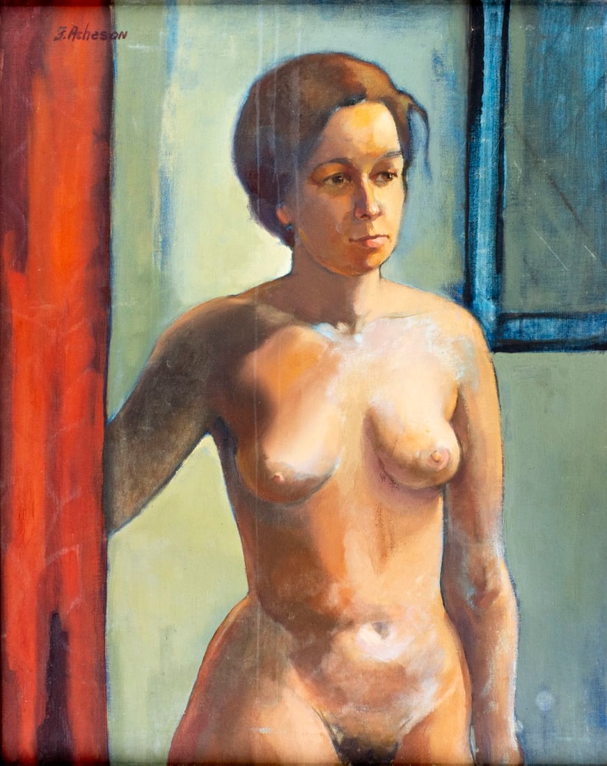 Acheson (US,20C) oil painting: ARTIST: Acheson (American,20C) TITLE: Nude MEDIUM: oil on canvas CONDITION: Some drip marks. Some small scratches/paint losses. No visible inpaint under UV light. Some small