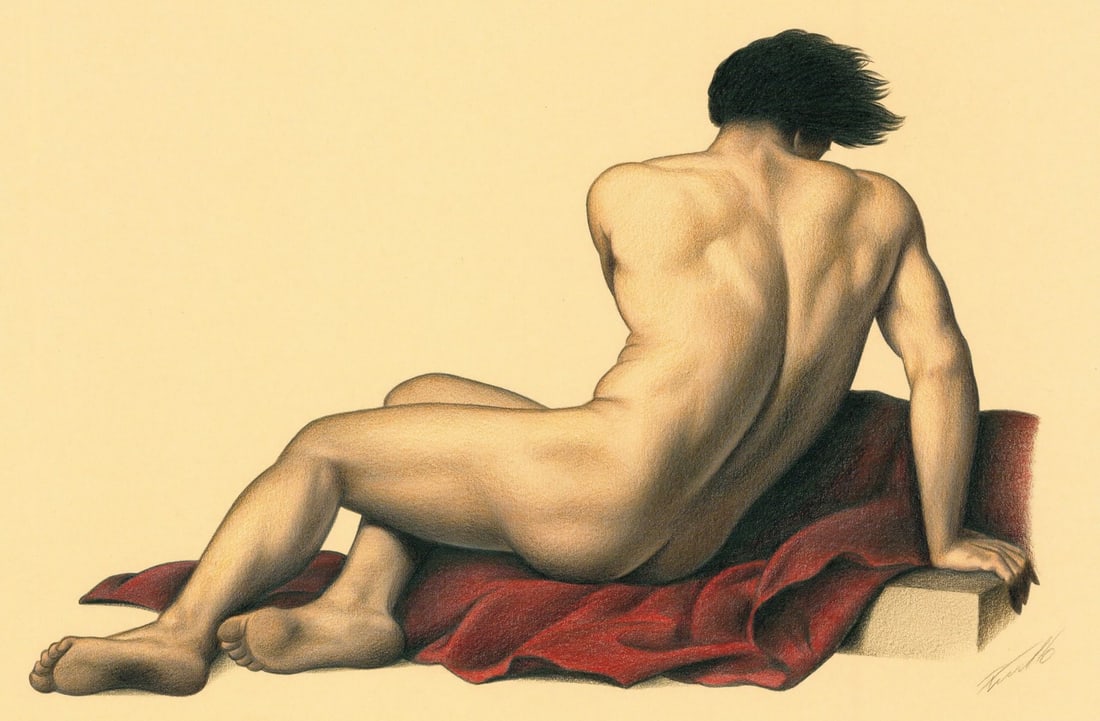 Rene Prudlo (German,b 1974) colored pencil painting: ARTIST: Rene Prudlo (Germany, born 1974) TITLE: Male Nude MEDIUM: colored pencil on heavy paper CONDITION: Very good. ART SIZE: 8 x 12 inches / 20 x 30