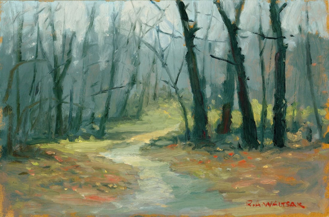 Robert Waltsak (NJ,b 1944) oil painting: ARTIST: Robert Alan Waltsak (New Jersey, born 1944) TITLE: Autumn Forest Landscape MEDIUM: oil on board CONDITION: Overall good. No visible inpaint under UV ligh