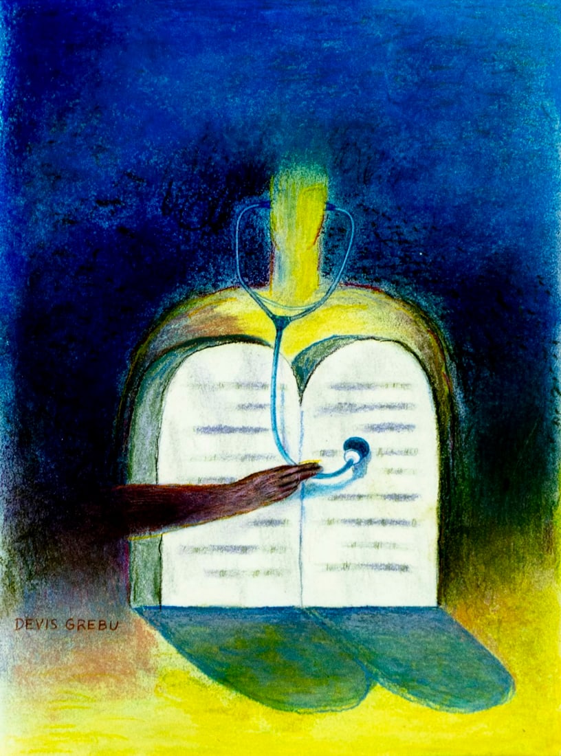 Devis Grebu (Romania,France,Israel,1933-?) mixed media painting: ARTIST: Devis Grebu (Romanian, French, Israeli, 1933 - ???) TITLE: Doctor MEDIUM: mixed media on paper CONDITION: Missing a few flakes of paint. Minor crease l