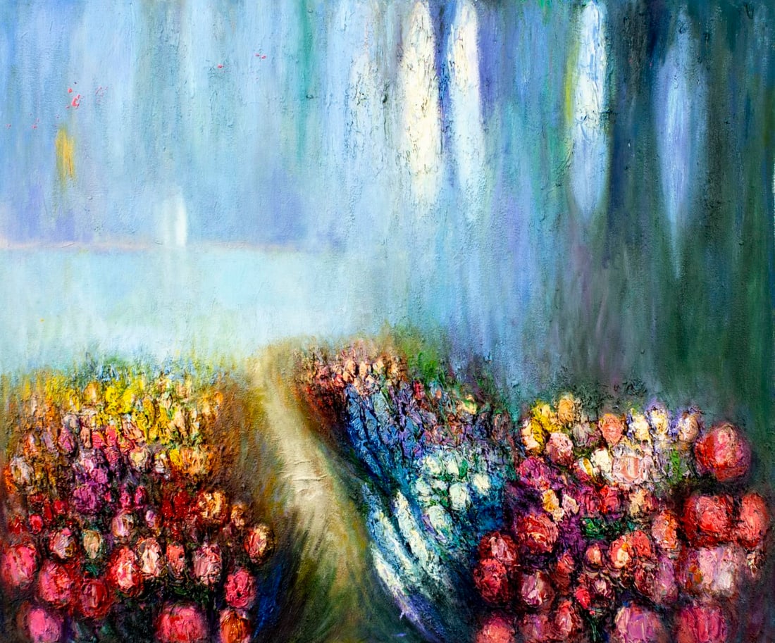 Yolanda Razzeto (Peru,1948-?) oil painting: ARTIST: Yolanda Razzeto (Peruvian,1948 - ???) TITLE: Coastal Flower Field Landscape MEDIUM: oil on canvas CONDITION: Unstretched (In-House stretching available