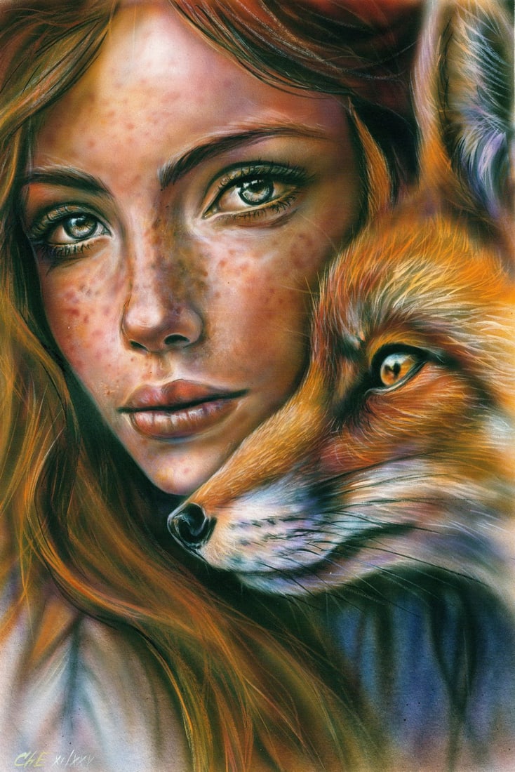 Evgeniy Chunikhin (Ukraine,b 1976) acrylic painting: ARTIST: Evgeniy Chunikhin (Ukrainian, born 1976) TITLE: Portrait of Woman with Fox MEDIUM: acrylic on heavy paper CONDITION: Minor damage to the upper right corn