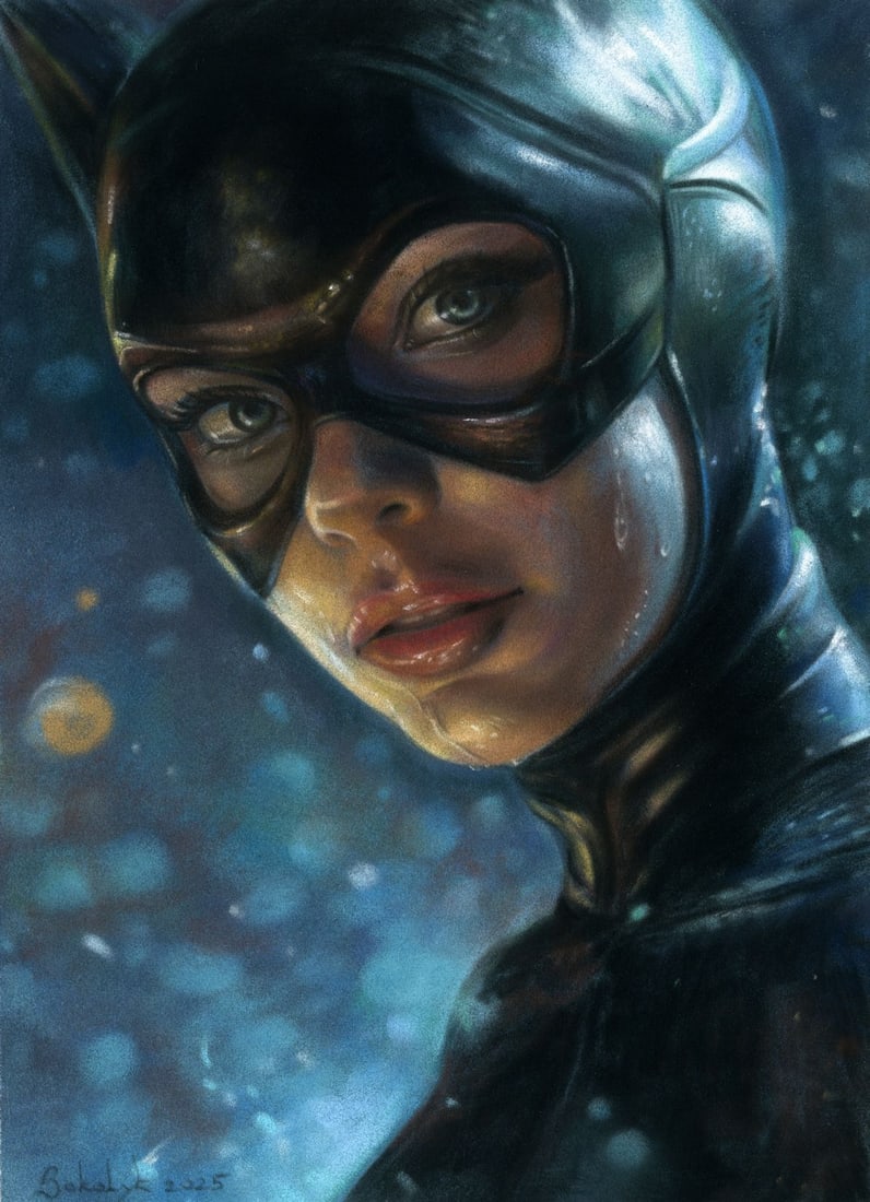 Vira Sokolyk (Ukraine,b 1999) pastel painting: ARTIST: Vira Sokolyk (Ukrainian, born 1999) TITLE: Catwoman MEDIUM: pastel on heavy paper CONDITION: Very good. ART SIZE: 12 x 8 inches /