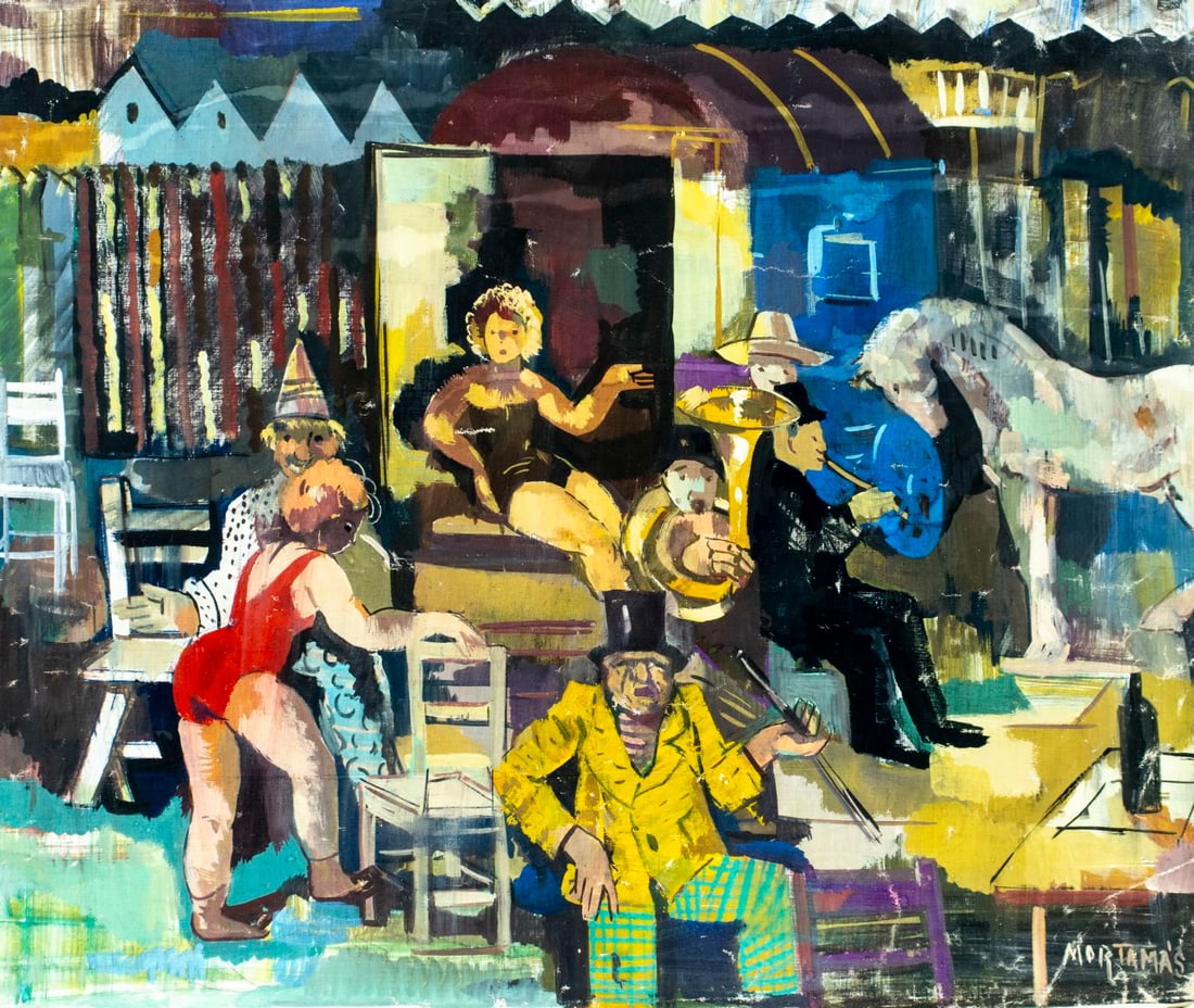 Mortamas (US,mid 20C) oil painting: ARTIST: Mortamas (American, mid 20 century) TITLE: Circus Scene MEDIUM: oil on canvas CONDITION: Some scratches/paint losses. No visible inpaint under UV light. Normal wear
