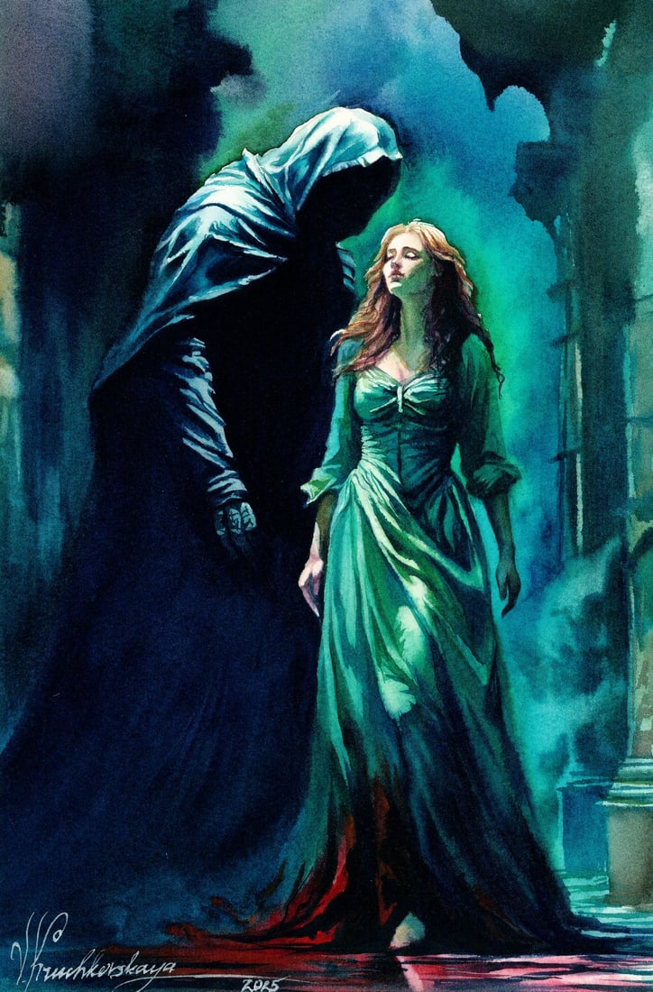 Veronika Kruchkovskaya (Ukraine,b 2004) watercolor painting: ARTIST: Veronika Kruchkovskaya (Ukrainian, born 2004) TITLE: Gothic Encounter MEDIUM: watercolor on heavy paper CONDITION: Very good. ART SIZE: