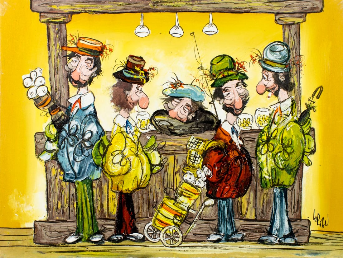 Lorian (Europe,20C) oil painting: ARTIST: Lorian (European, 20 century) TITLE: Golf Players MEDIUM: oil on canvas CONDITION: Few small paint losses mostly along edges. Few minor scratches. No visible inpaint