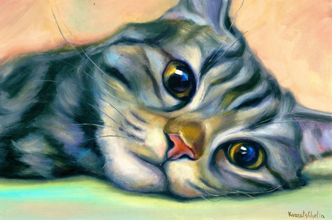 Alina Kvaratshelia (Ukraine,20/21C) oil painting: ARTIST: Alina Kvaratshelia (Ukrainian, 20/21 centuries) TITLE: Cat MEDIUM: oil on heavy paper CONDITION: Very good. No visible inpaint under UV light.