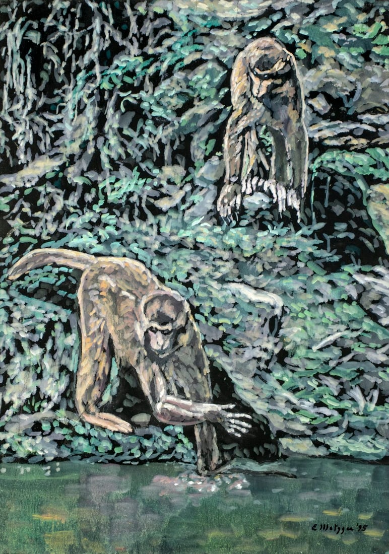 Evelyn Metzger (NY,Brazil,1911-2007) oil painting: ARTIST: Evelyn Borchard Metzger (New York, Brazilian, 1911 - 2007) TITLE: Rhesus Monkeys (titled on verso) YEAR: 1995 MEDIUM: oil on board CONDITION: S