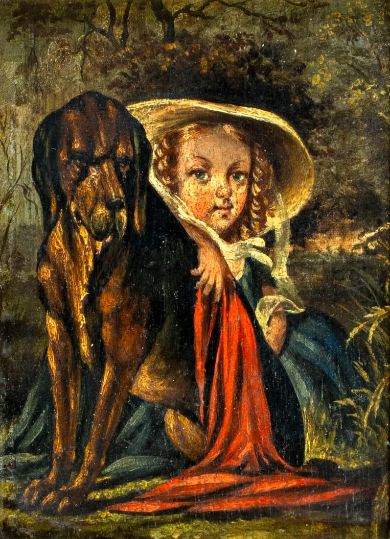 Antique 19C European oil painting: ARTIST: - (Europe, 19 century) TITLE: Girl with Dog MEDIUM: oil on board CONDITION: Missing a few flakes of paint. Some craquelure. No visible inpaint under UV