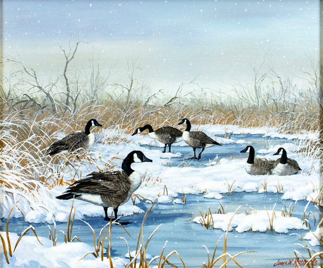 James Maddocks (MA,1900-?) oil painting: ARTIST: James W Maddocks (Massachusetts, 1900 - ???) TITLE: Landscape with Canada Geese MEDIUM: oil on canvas CONDITION: Very good. No visible inpaint under UV light. Wear