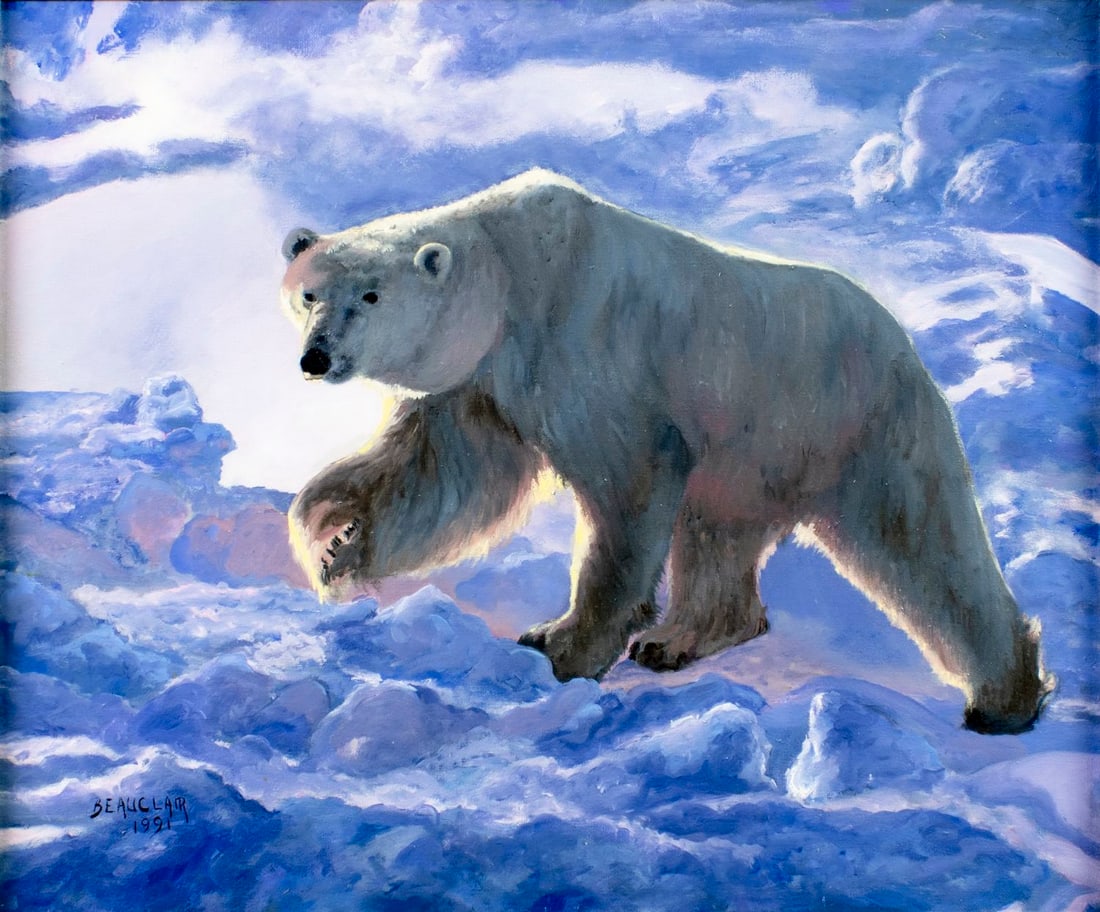 Jeanette Beauclair (US,20C) oil painting: ARTIST: Jeanette Beauclair (American, 20 century) TITLE: Polar Bear YEAR: 1991 MEDIUM: oil on canvas CONDITION: Few small inpaintings along edges (bigges